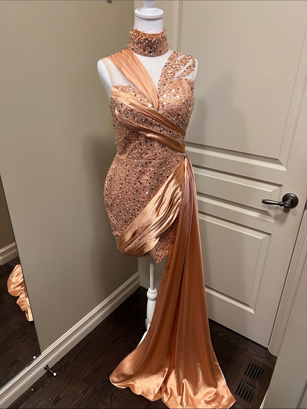Sequin Embellished Rose Gold Satin Draped Evening Dress - Custom made